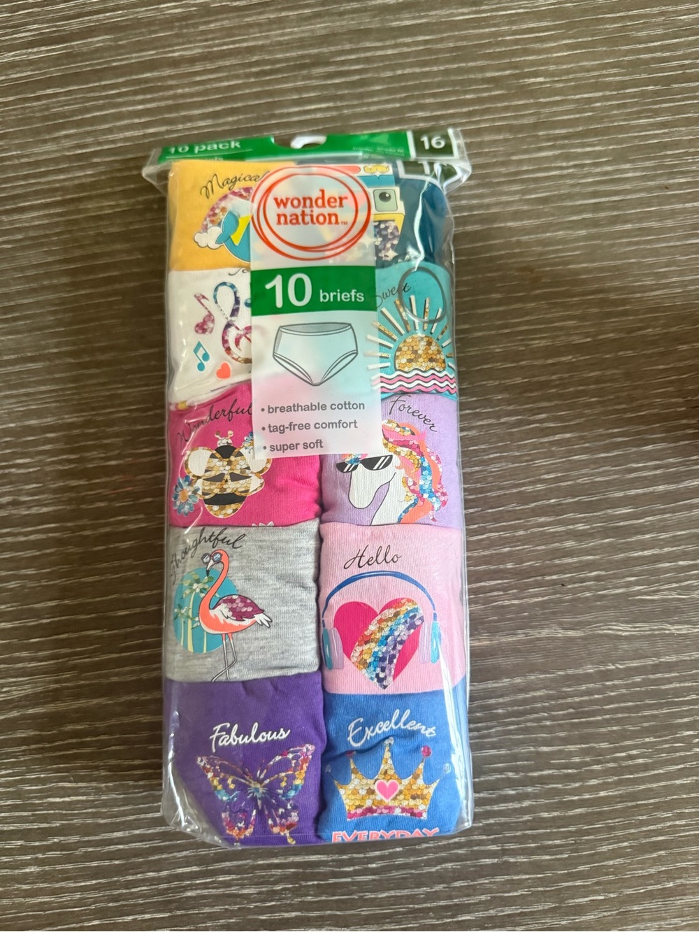 NWT Size 16 Wonder Nation Girls' Colorful Printed Briefs - 10 Pack